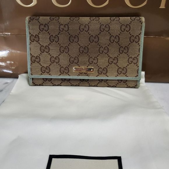 Gucci GG Logo Canvas Continental Tan Bifold Wallet with Blue Trim. 115000959 - Picture 1 of 8